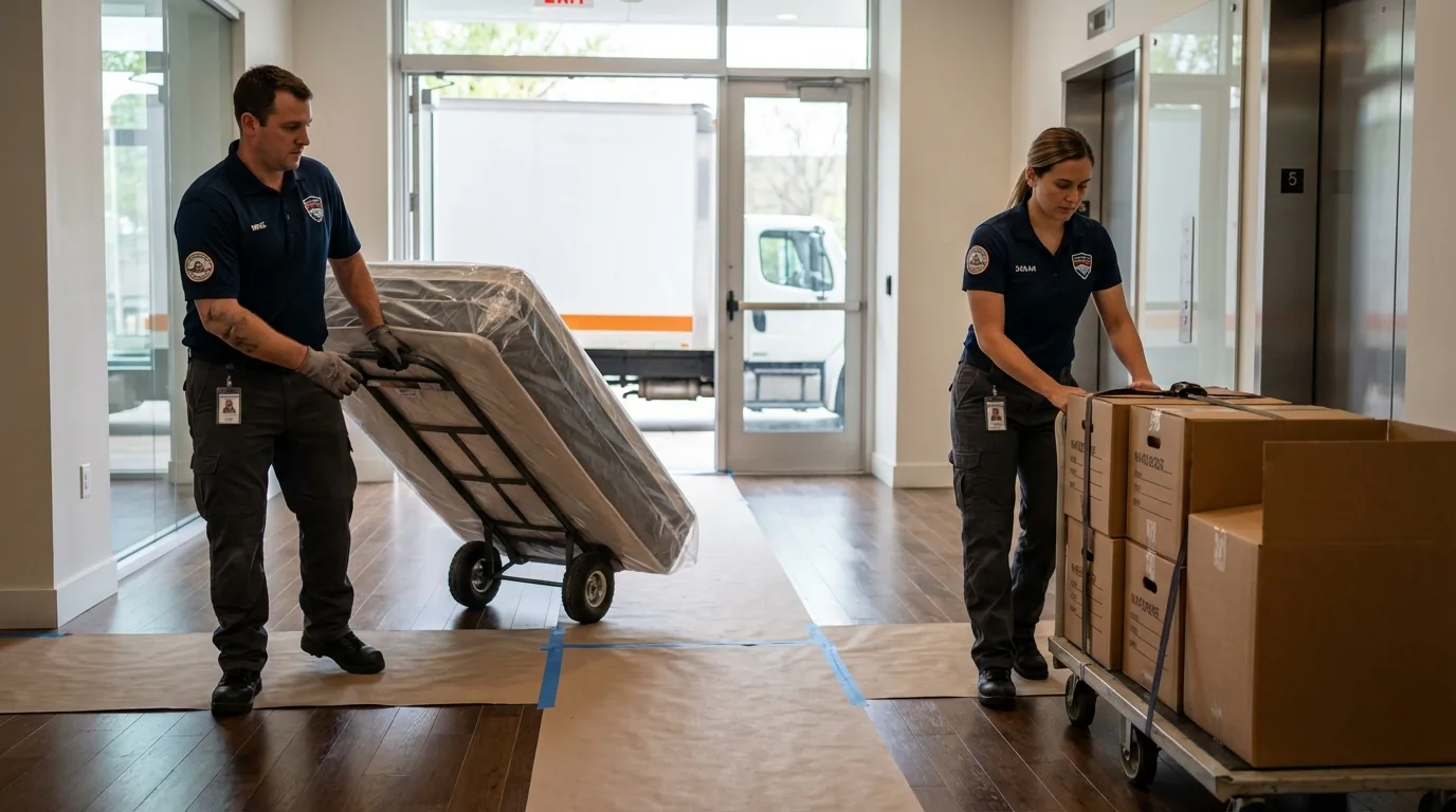 Professional apartment movers loading elevator in Pleasant View, TN