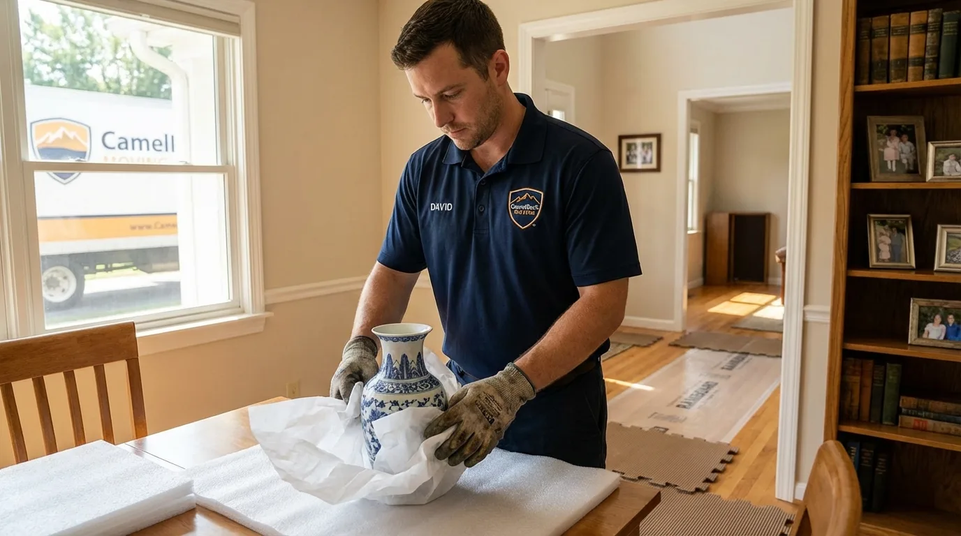 Professional crew carefully wrapping antique vase for senior downsizing move in Pleasant View, TN